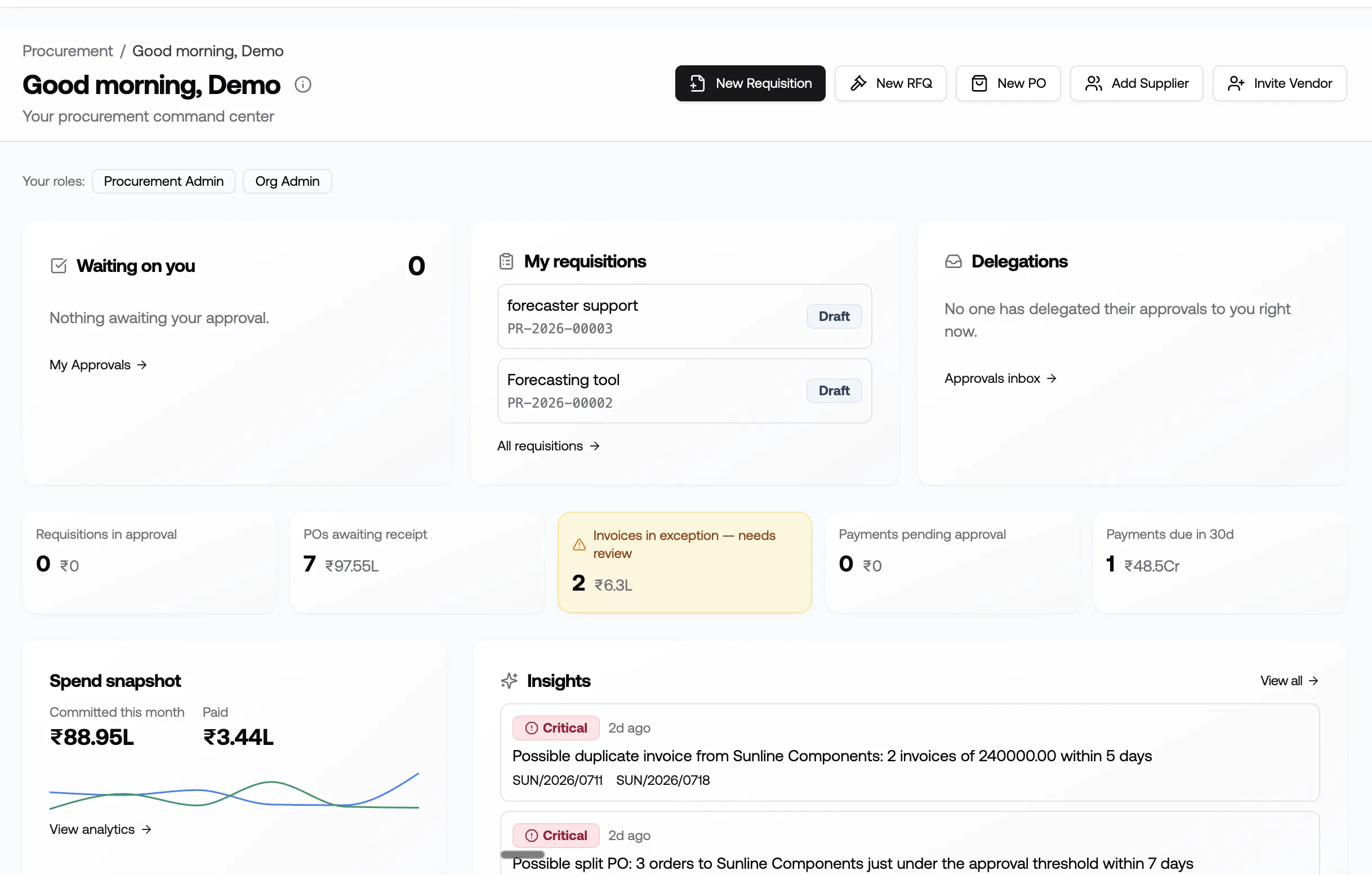 Procurement command center with New Requisition/RFQ/PO actions, approvals waiting on you, spend snapshot, and AI insights flagging a possible duplicate invoice and split PO